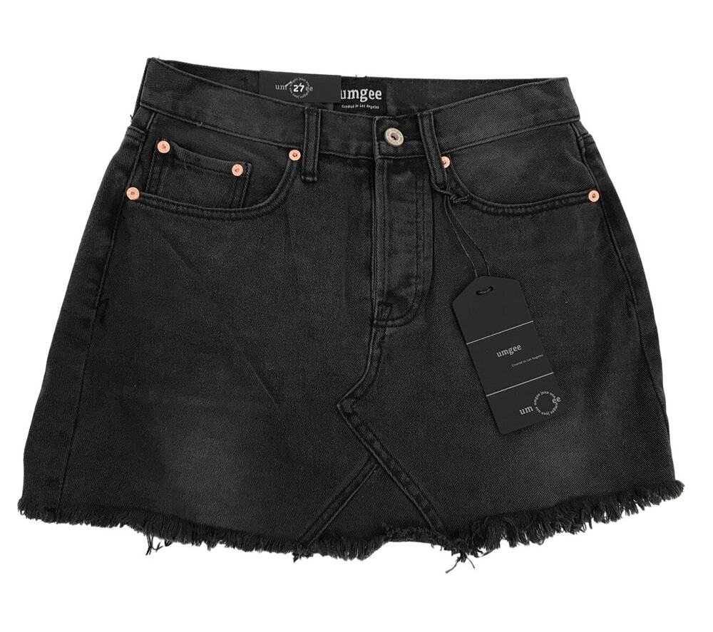 Umgee Black Denim Button Fly Frayed Hem Mini Skirt Womens 27